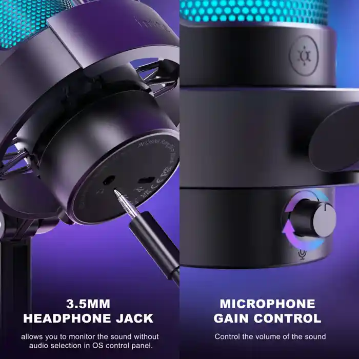 Fifine Ampligame A8 USB microphone with controllable RGB, live monitoring, input dial, pop filter for streaming